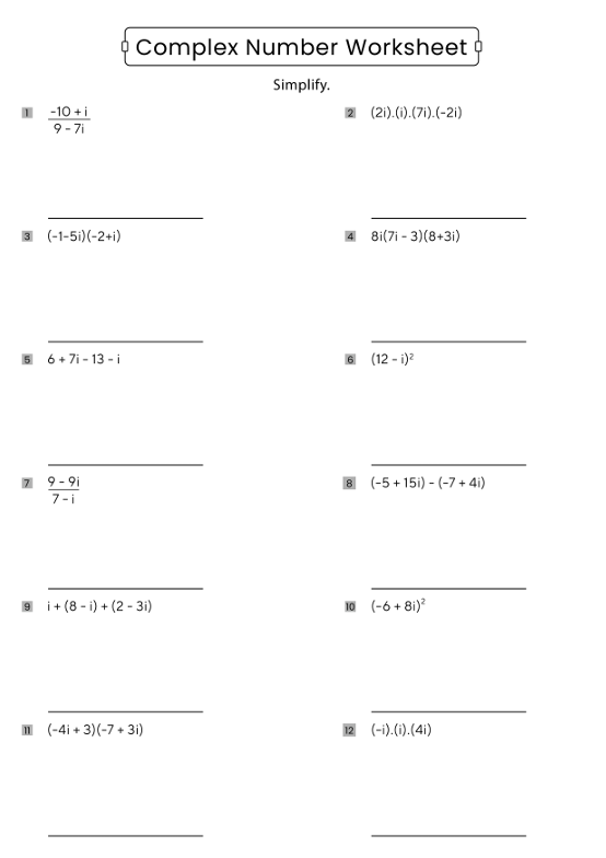 Complex Number Worksheet