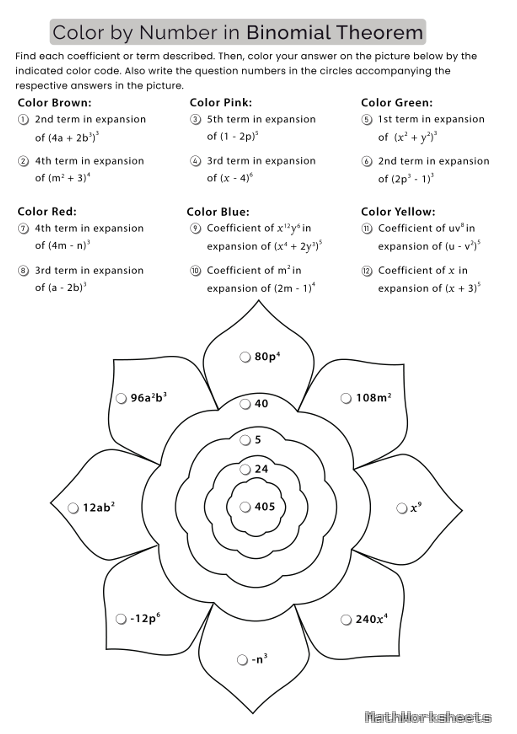 The Binomial Theorem Color by Number Worksheet